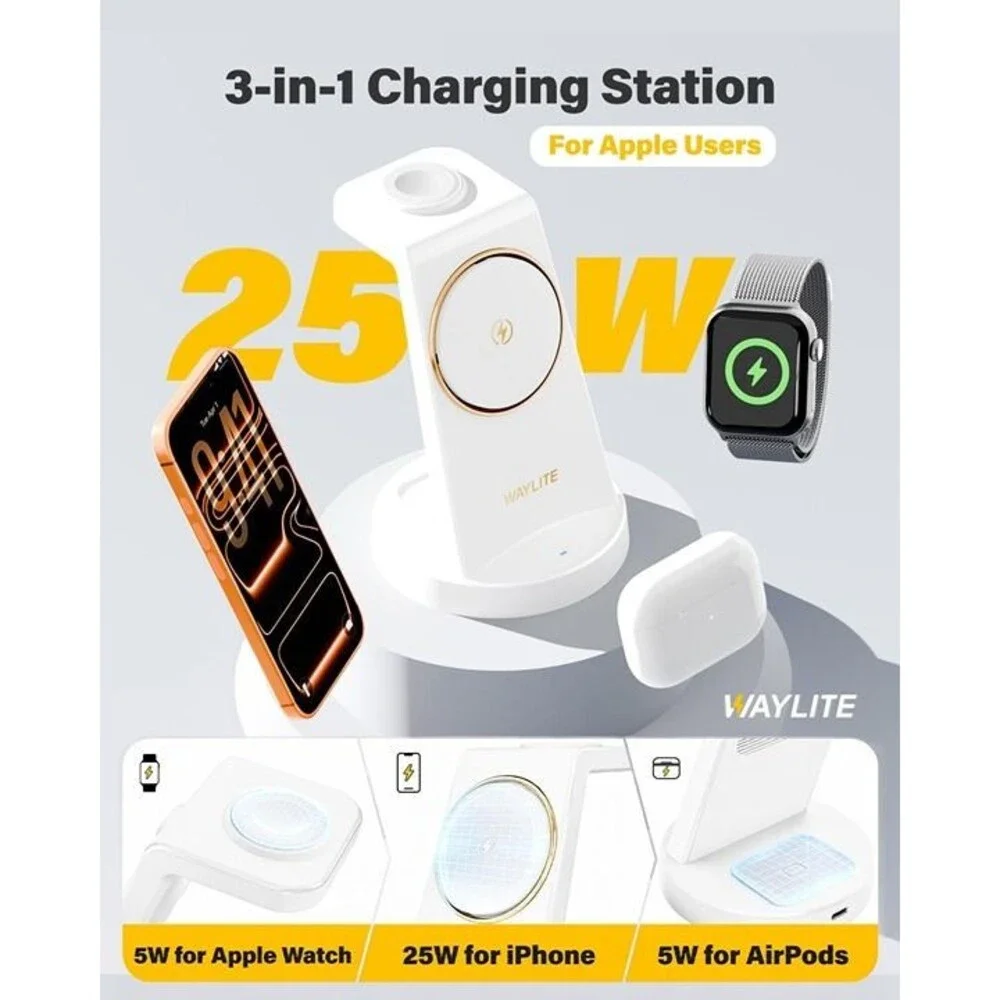 3 in 1 Fast Charging Station for iPhone, 25W Wireless Magnetic Phone Charger